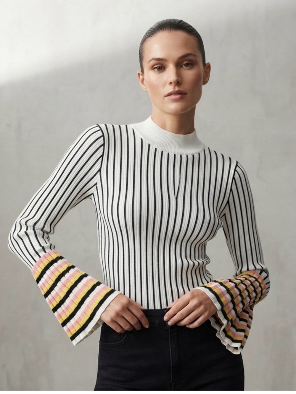 Emilio Pucci Striped Rib-Knit Bell Sleeve Top in White and Black